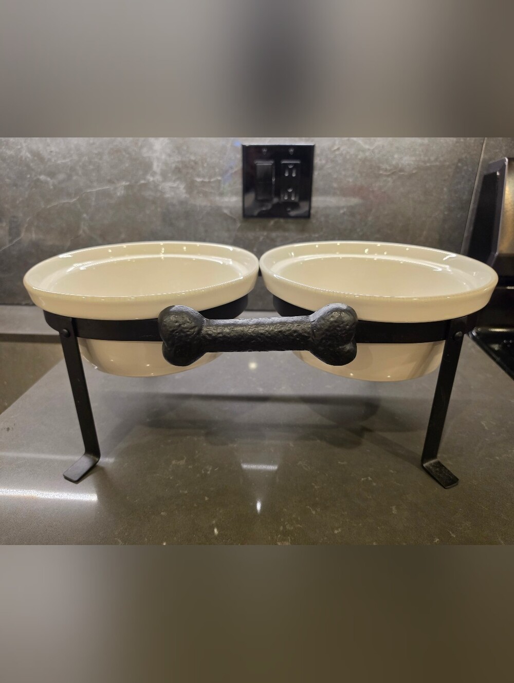 Pottery Barn Large Black Metal Double Dog Bowl with Cream Ceramic Inserts